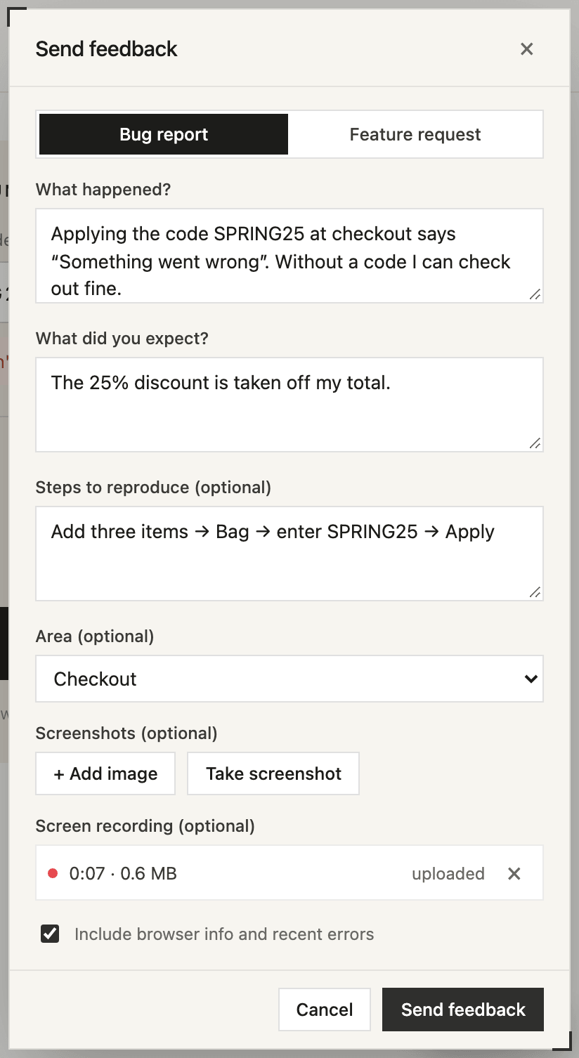 The feedback form with a bug report filled in